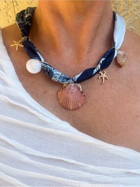 Navy and White Seashell Charm Necklace with Pink Shell Pendant